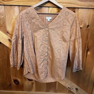 J. Jill Eyelet Lantern-Sleeve Blouse Women's Size M Button Front V-Neck Cotton